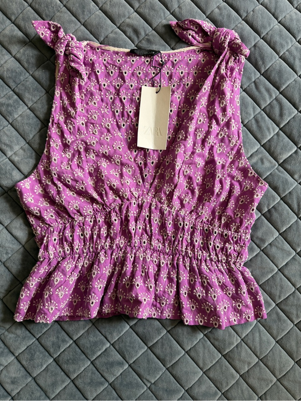 Zara Magenta Eyelet Tie-Shoulder Smocked Waist Tank
